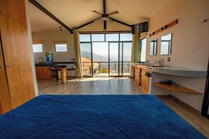 A bedroom with a large bed, a view to the outside, a ceiling fan, and a kitchen area with a view.
