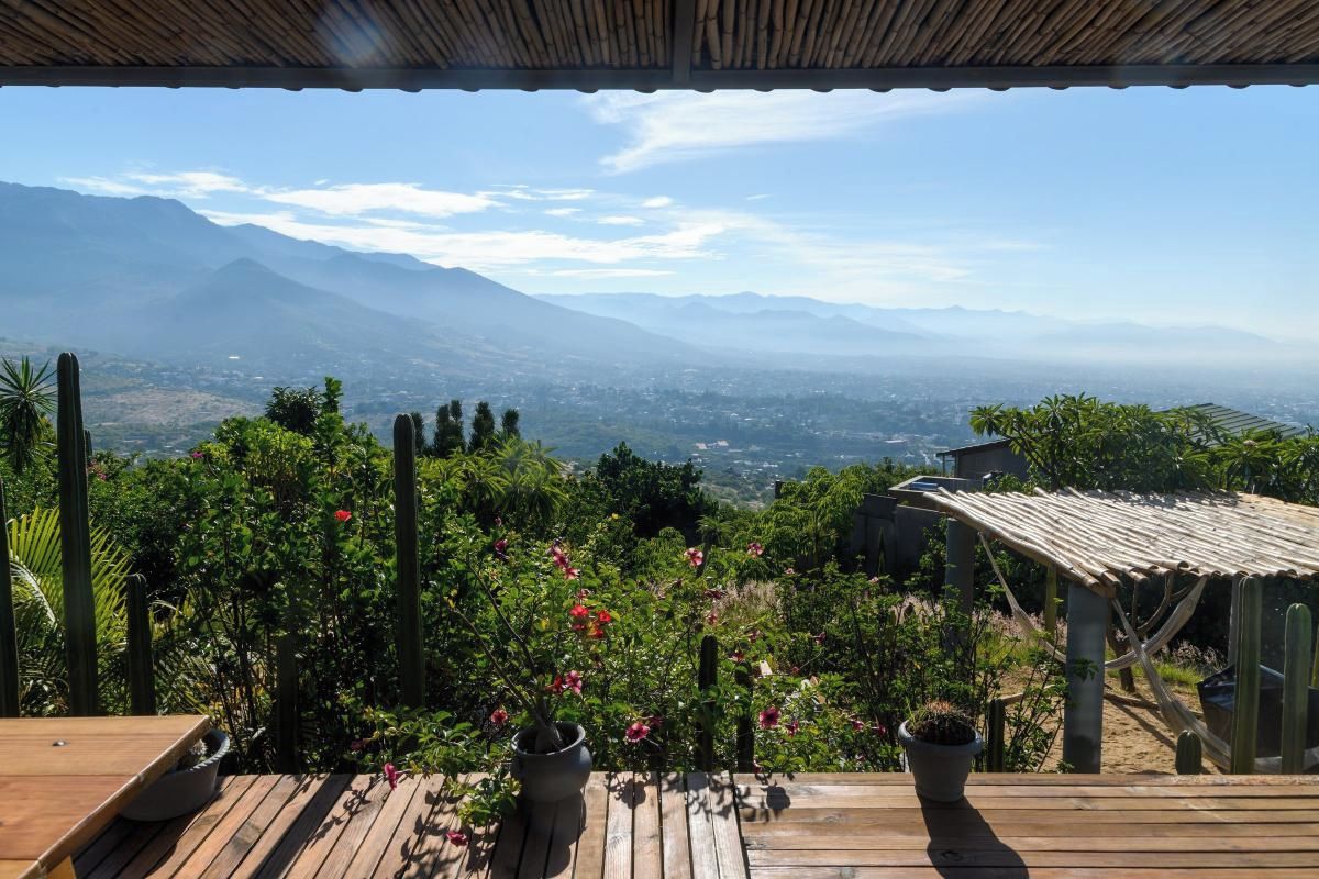 A wooden deck with potted plants and a view of distant mountains.