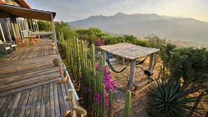 Terraza de madera con hamaca y cactus, con vistas a un paisaje montañoso.
