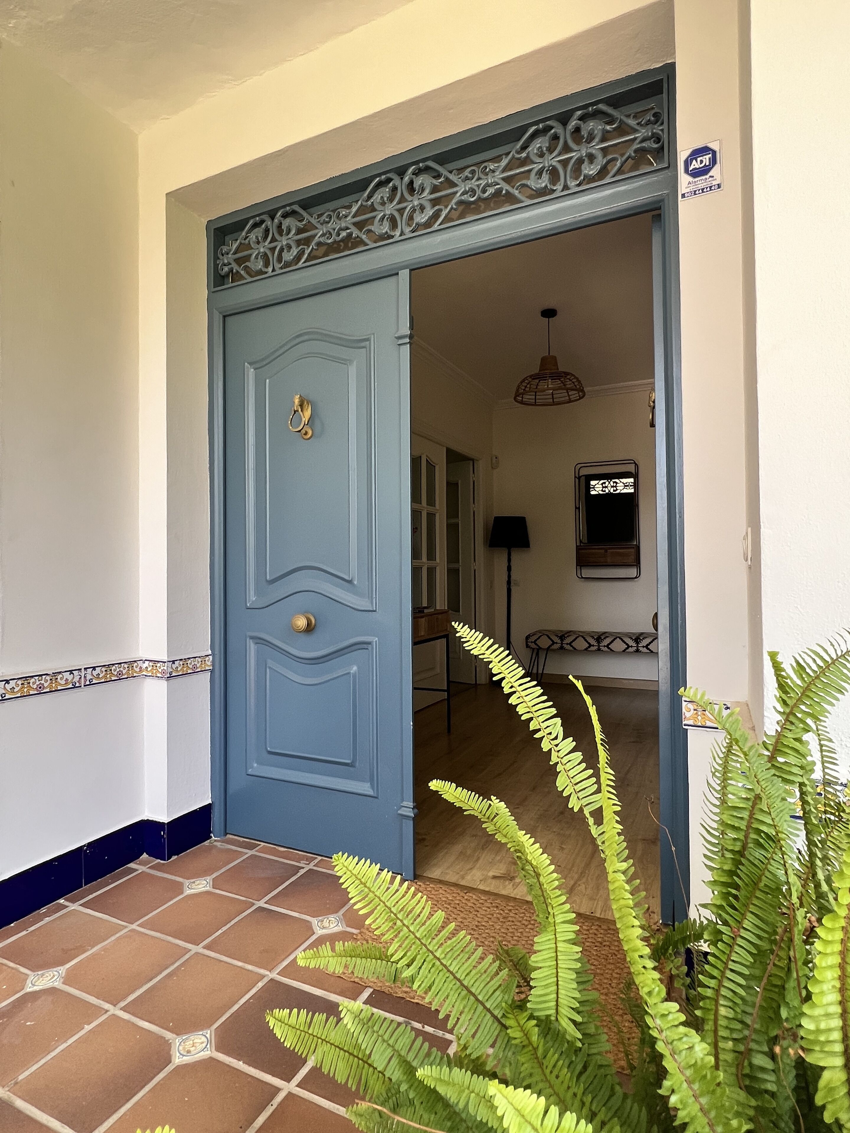 A blue door with a decorative metal frame, a tiled floor, and a potted fern in the foreground.