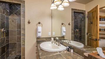 Combined shower/tub, hair dryer, towels, shampoo