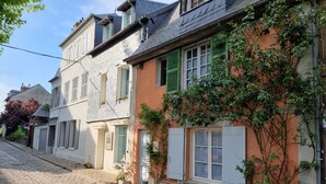 Une rue pavée bordée de bâtiments historiques, caractérisée par une architecture traditionnelle et des volets.