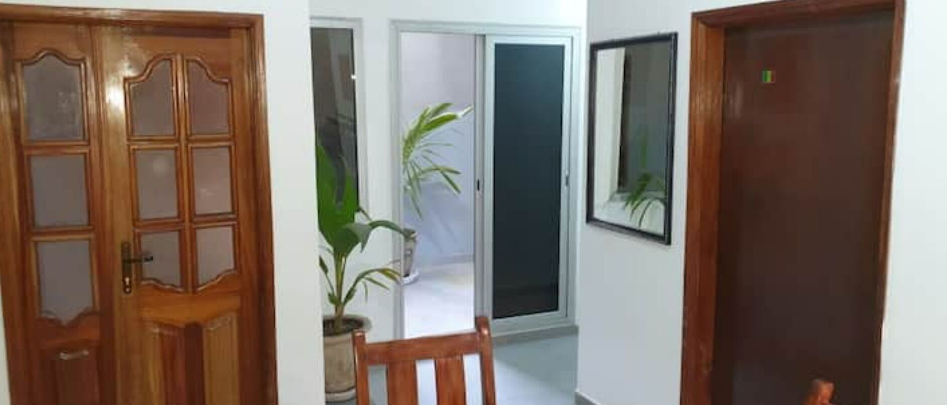 A hallway with a wooden door, a potted plant, and a framed picture on the wall.