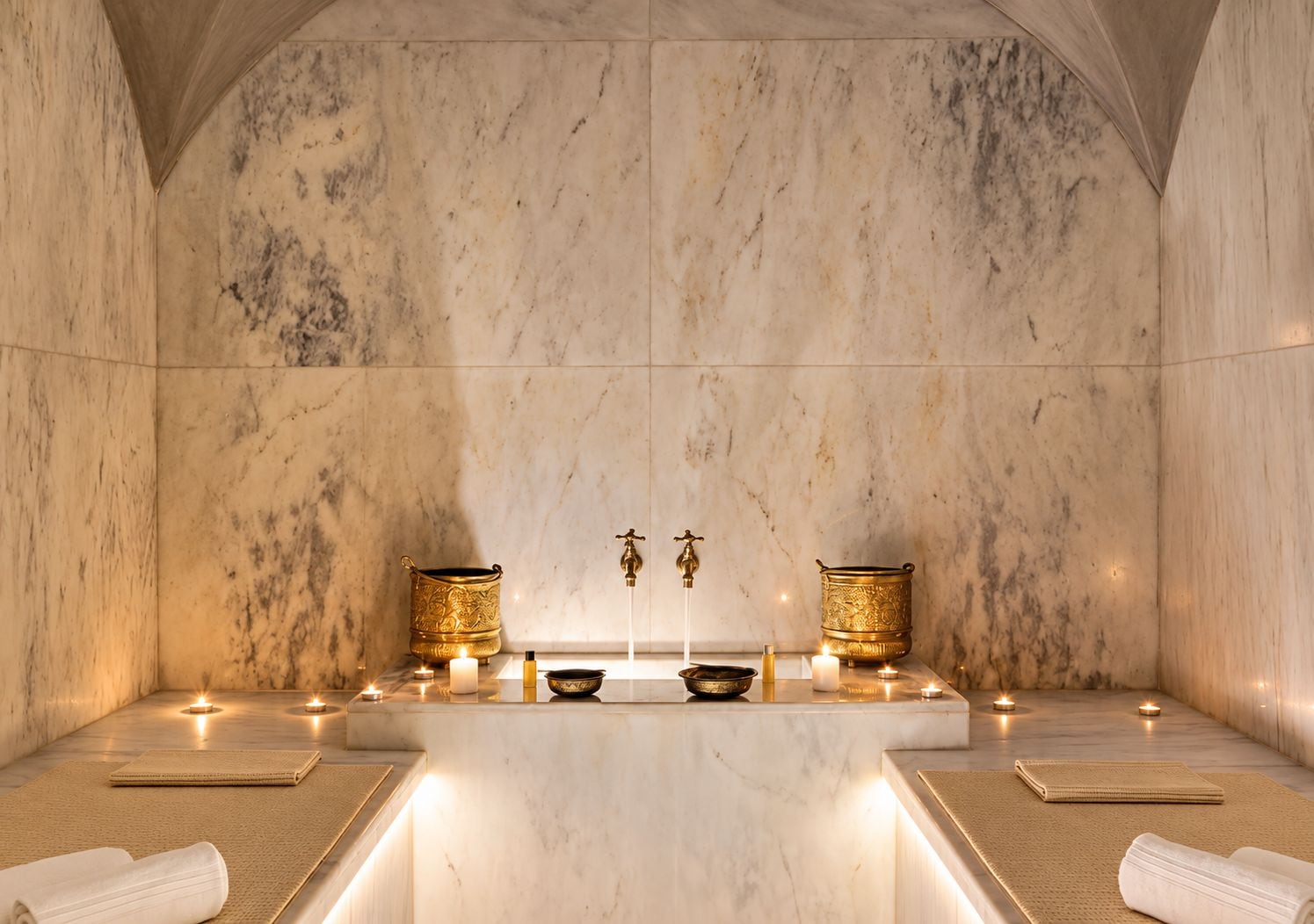 Une salle de spa avec un mur en marbre, deux vasques dorées, un lavabo central et des bougies.