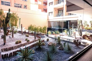 A courtyard with cacti and plants, a wooden fence, and a building with large windows in the background. - Longue Vie Hôtels (Marrakech)