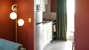 A compact living space with a kitchenette, a ceiling light fixture, and a green curtain.