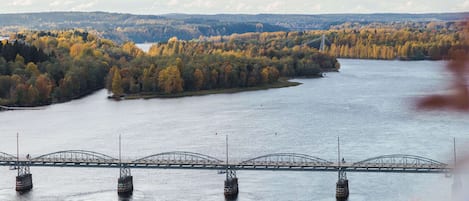 A river with a bridge and boats.