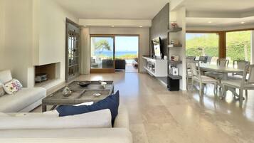 Smart TV, fireplace, books, stereo