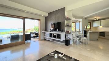 Smart TV, fireplace, books, stereo