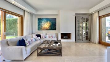 Smart TV, fireplace, books, stereo