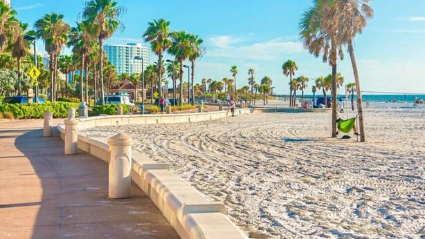 A beach with palm trees, a concrete walkway, and a building in the background.