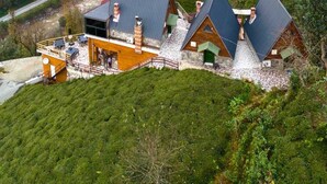 A mountain lodge with a modern design, featuring a large open patio area and a view of a winding valley road. - Puleri Dağ Evi (Camlihemsin)