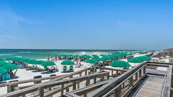 On the beach, sun loungers