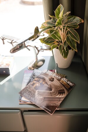 A desk with a potted plant, a pair of glasses, and a magazine.