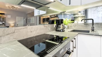 Deluxe Apartment | Private kitchen | Fridge, microwave, oven, stovetop