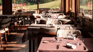 Un comedor interior con mesas dispuestas para comer, ventanas amplias que ofrecen vistas a un paisaje montañoso y guirnaldas de luces colgando.