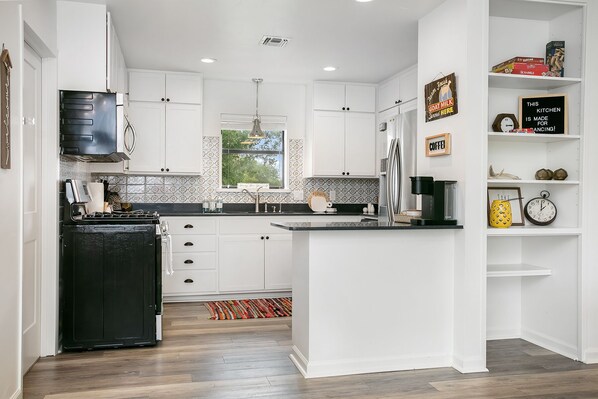 Fridge, microwave, oven, stovetop