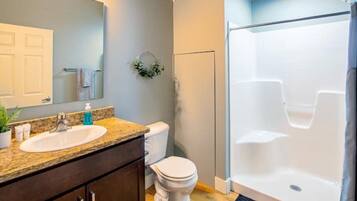 Combined shower/tub, hair dryer, towels, soap