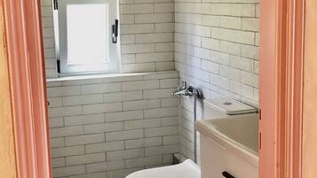 Combined shower/tub, hair dryer, towels, soap