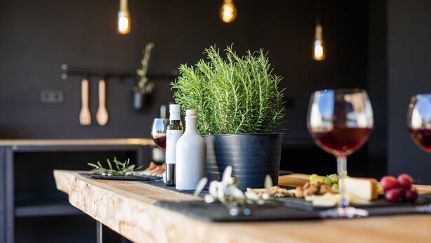 A wooden table with a potted plant, wine bottles, and a glass of red wine. - Villa Luna with heated swimming pool & E-bikes (Županje (Krk))
