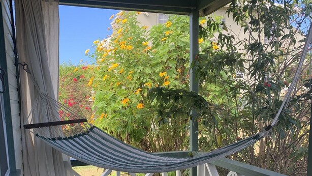 A covered porch with a hammock, a table, and a view of a garden with various plants and flowers.