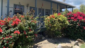 A two-story building with a porch, surrounded by vibrant flowering plants.