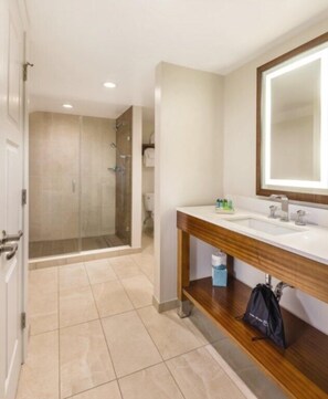 Hair dryer, towels, soap, shampoo