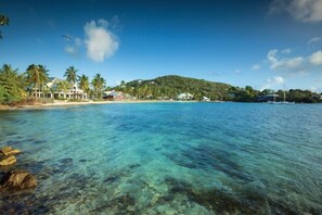 Blick auf die Küste mit klarem Wasser, Palmen und Gebäuden am Ufer.
