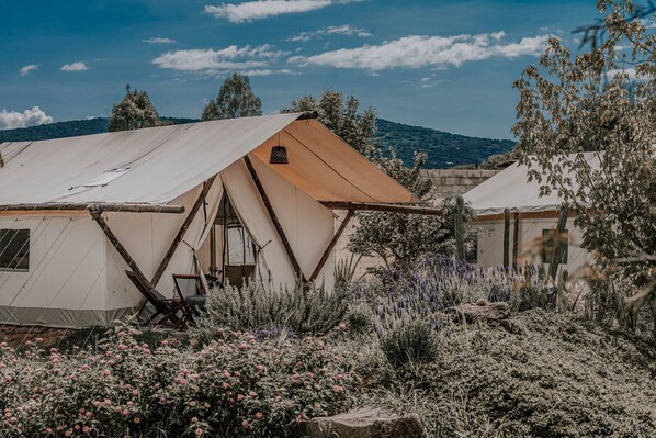 A tented accommodation with a view of the surrounding landscape, including hills and trees. - Salterra Glamping (Tequisquiapan)
