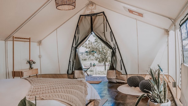 A tented accommodation with a bed, a small table, a chair, and a potted plant. - Salterra Glamping (Tequisquiapan)