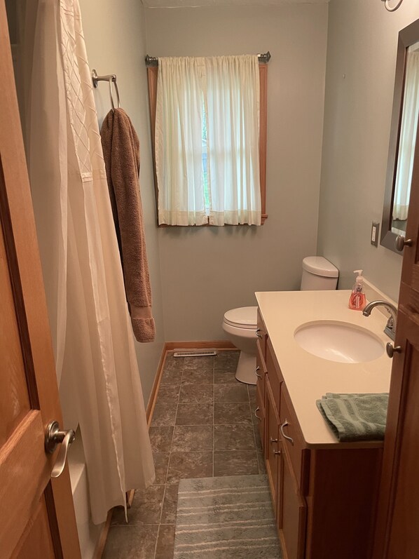 A bathroom with a toilet, sink, and shower curtain. - NEW- Wayne's Place! WEST OMAHA, COMPLETE REMODEL, Quality Comfort (Omaha)