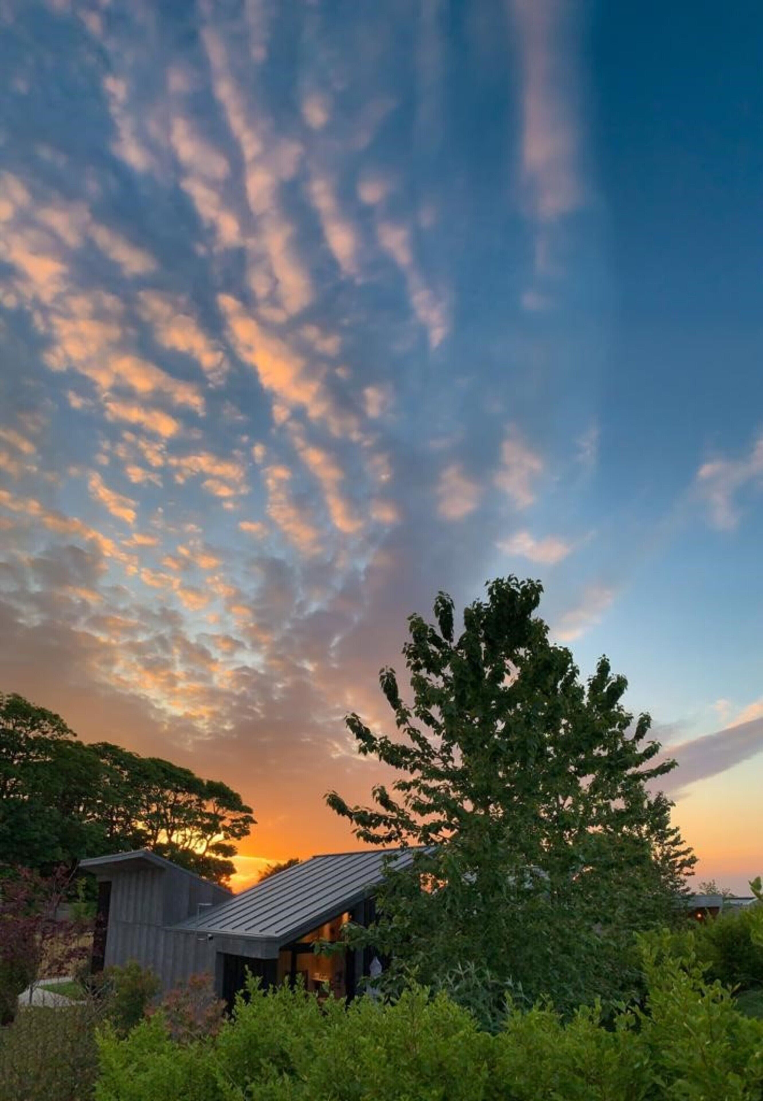 A modern house with a sloped roof, surrounded by lush greenery and a clear sky with scattered clouds.