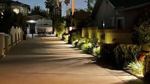 A residential street at dusk with houses on both sides, a sidewalk, and palm trees.