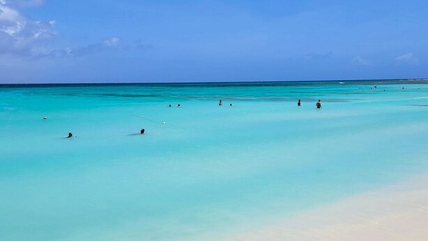 Une plage à l’eau turquoise et limpide, bordée d’un rivage sablonneux.