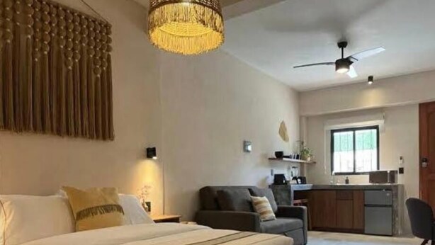 Une chambre avec un lit, un canapé, un coin repas et une cuisine.