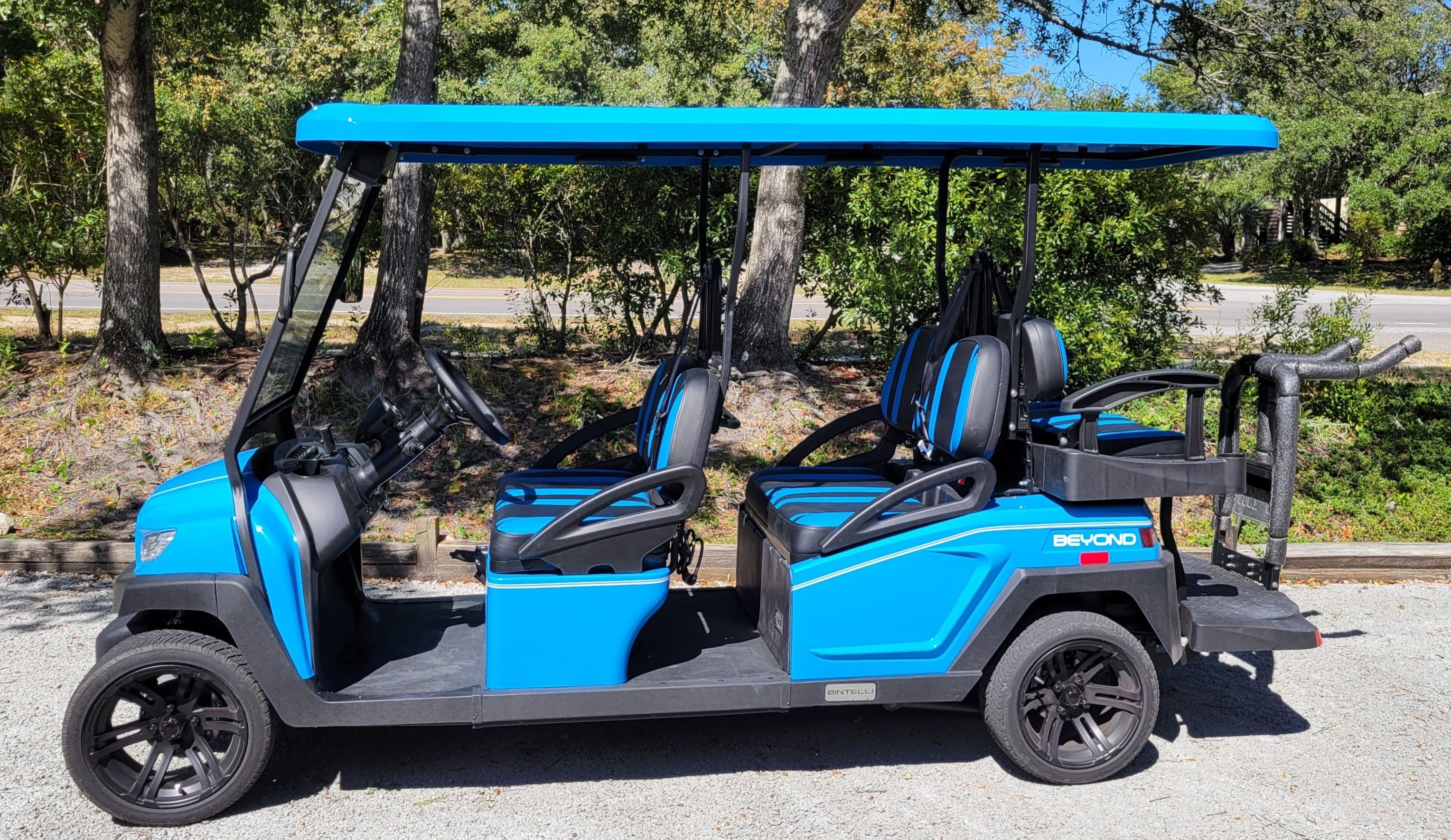 Une voiturette de golf bleue, dotée d’un toit, de roues noires et d’une banquette avec deux sièges.
