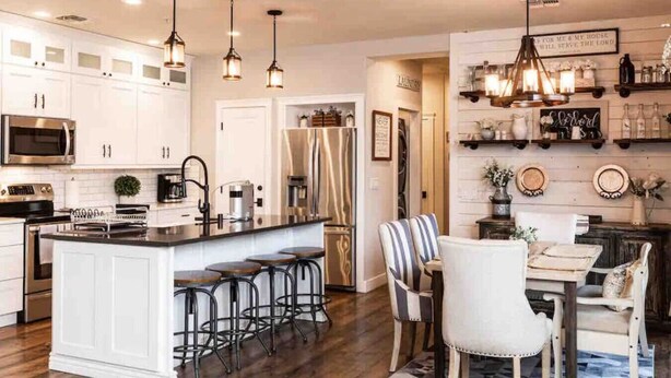 A modern kitchen with white cabinetry, stainless steel appliances, a central island with bar stools, and pendant lighting.