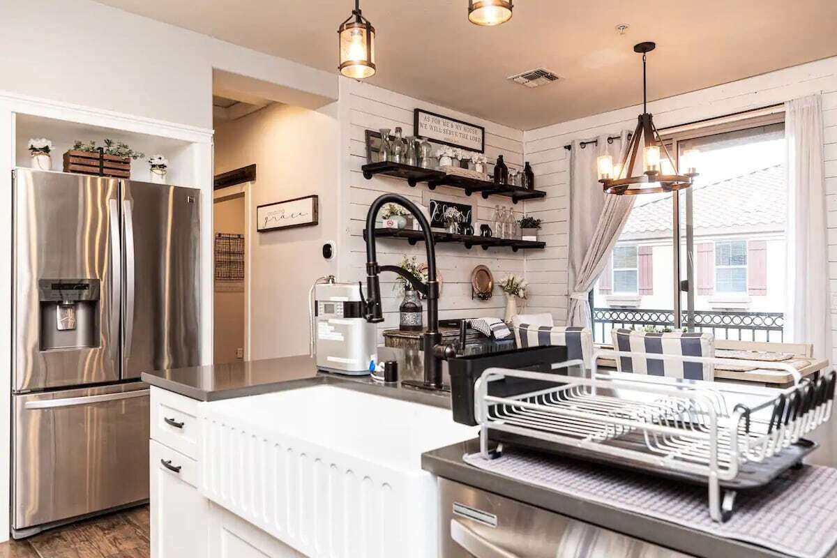 Fridge, coffee/tea maker, highchair, cookware/dishes/utensils