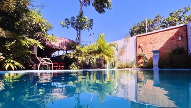 A clear blue pool surrounded by lush greenery and a brick wall. - Ayre Gostoso Pousada (São Miguel do Gostoso)