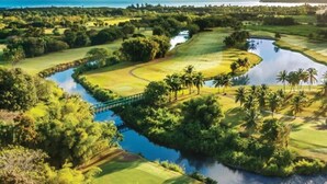 A golf course with a water body, palm trees, and a bridge. - Rio Mar Puerto Rico | Caribbean Family Getaway | Pool & Beach | 3BR Sleeps 10 (Rio Grande)