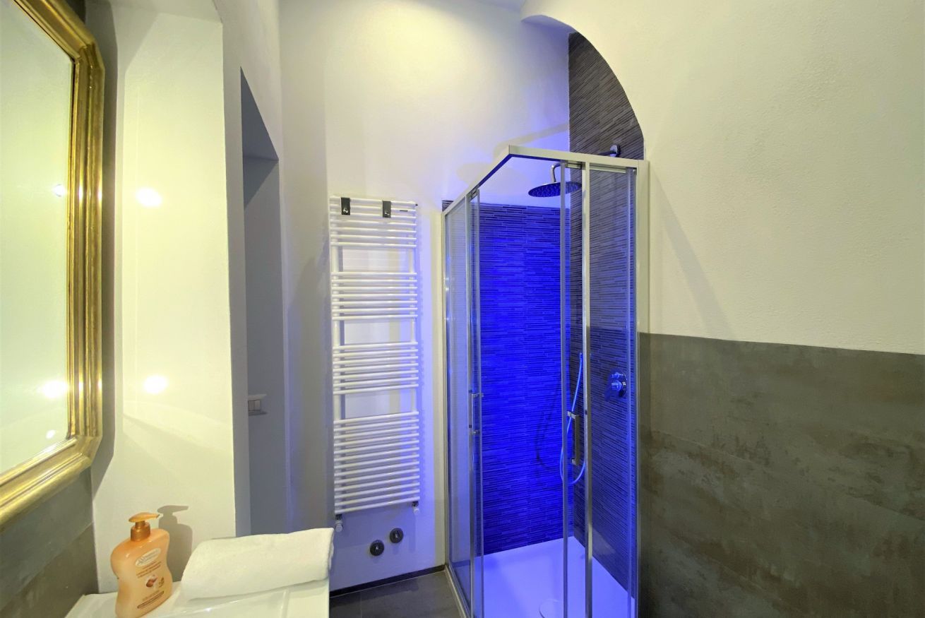 A modern bathroom with a glass-enclosed shower, a towel rack, and a bottle of shampoo.