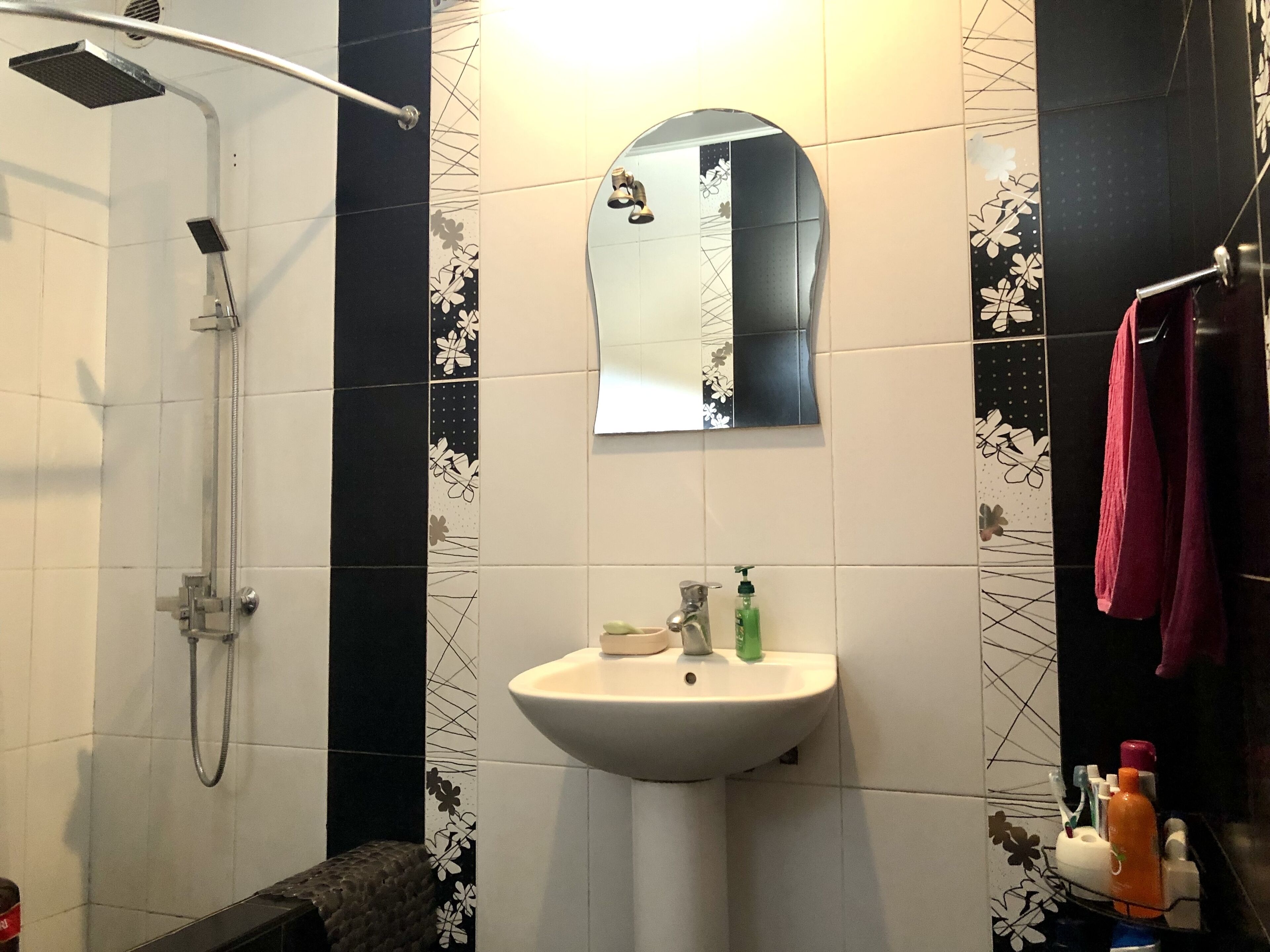A bathroom with a shower, sink, and mirror.