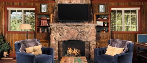 Smart TV, fireplace, books