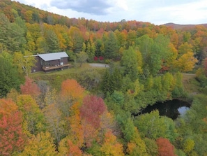 Escape to a secluded cabin surrounded by vibrant autumnal trees and a serene pond.