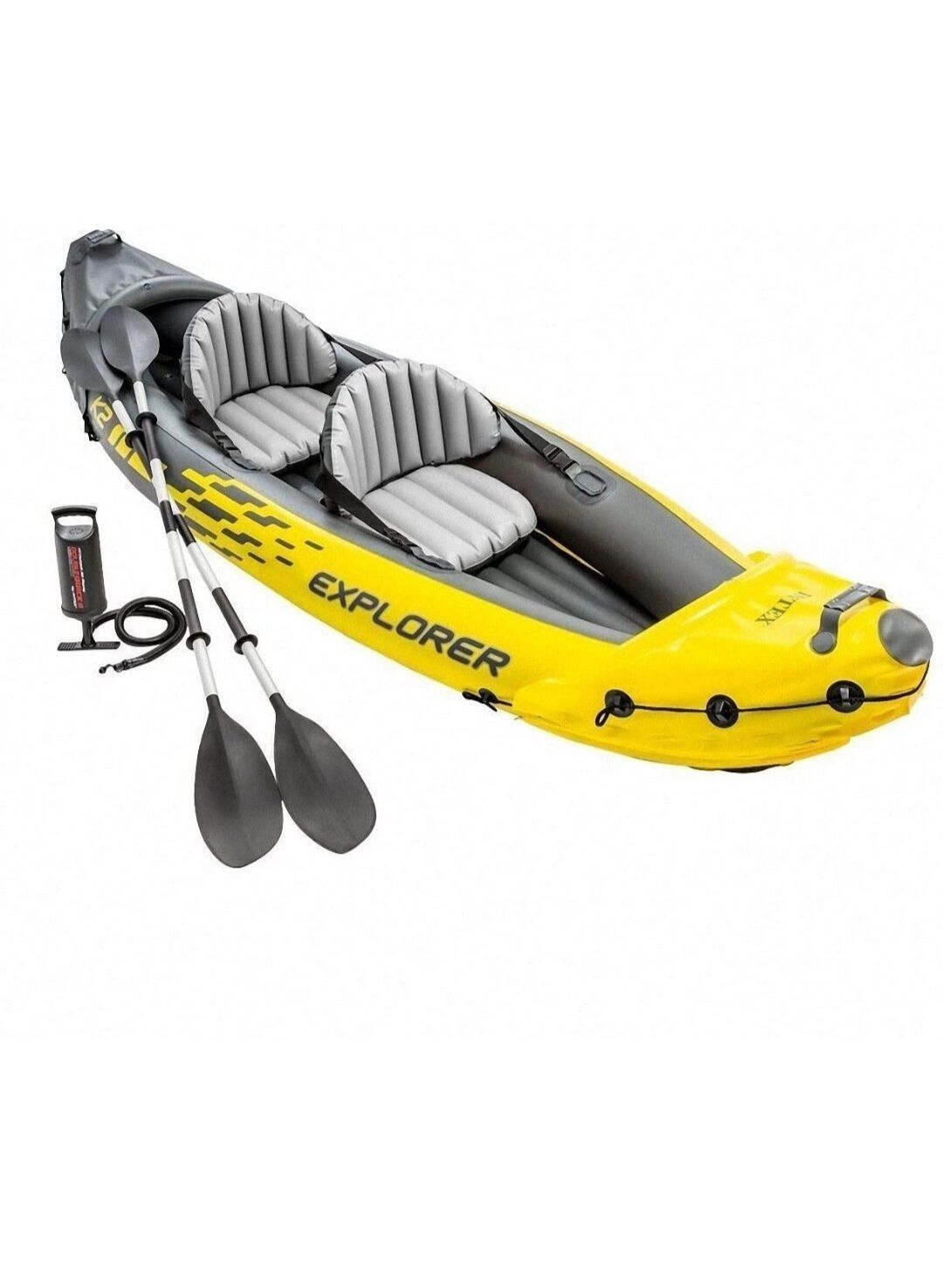 A yellow inflatable kayak with the word "EXPLORER" on it, two paddles, and a pump.