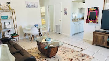 Smart TV, fireplace, video games, DVD player