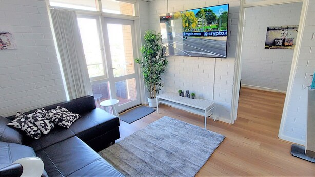 Una sala de estar moderna con un sofá de cuero negro, un tapete gris, un televisor montado en la pared y una pequeña planta.