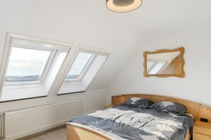 Une chambre à coucher avec un puits de lumière, un lit, une table de chevet, un miroir et un radiateur.