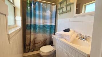 Combined shower/tub, hair dryer, towels, soap