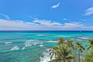 A clear view of turquoise ocean waters with visible coral reefs and a few palm trees in the foreground.